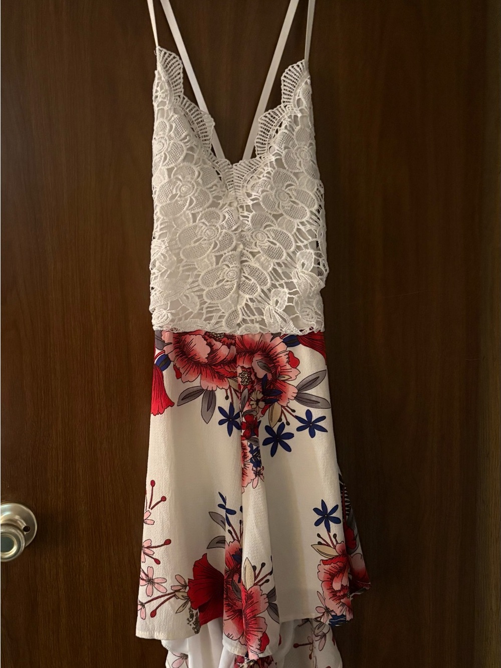 SHEIN White Lace Top Floral Print Romper with Red & Blue Accents